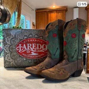 Laredo Brown and Green Western Boots with Red Floral Accents